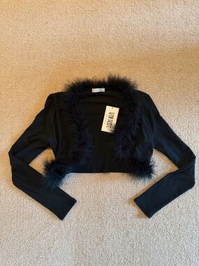 12th Tribe Black Faux Fur Trim Bolero Shrug